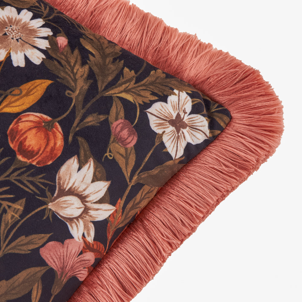 Autumn Garden Fringed Velvet Cushion Burnished Rose/Moss