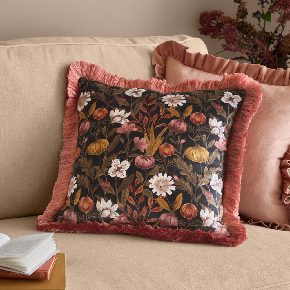 Floral Pink Cushions - Autumn Garden Fringed Velvet Cushions Burnished Rose/Moss Wylder