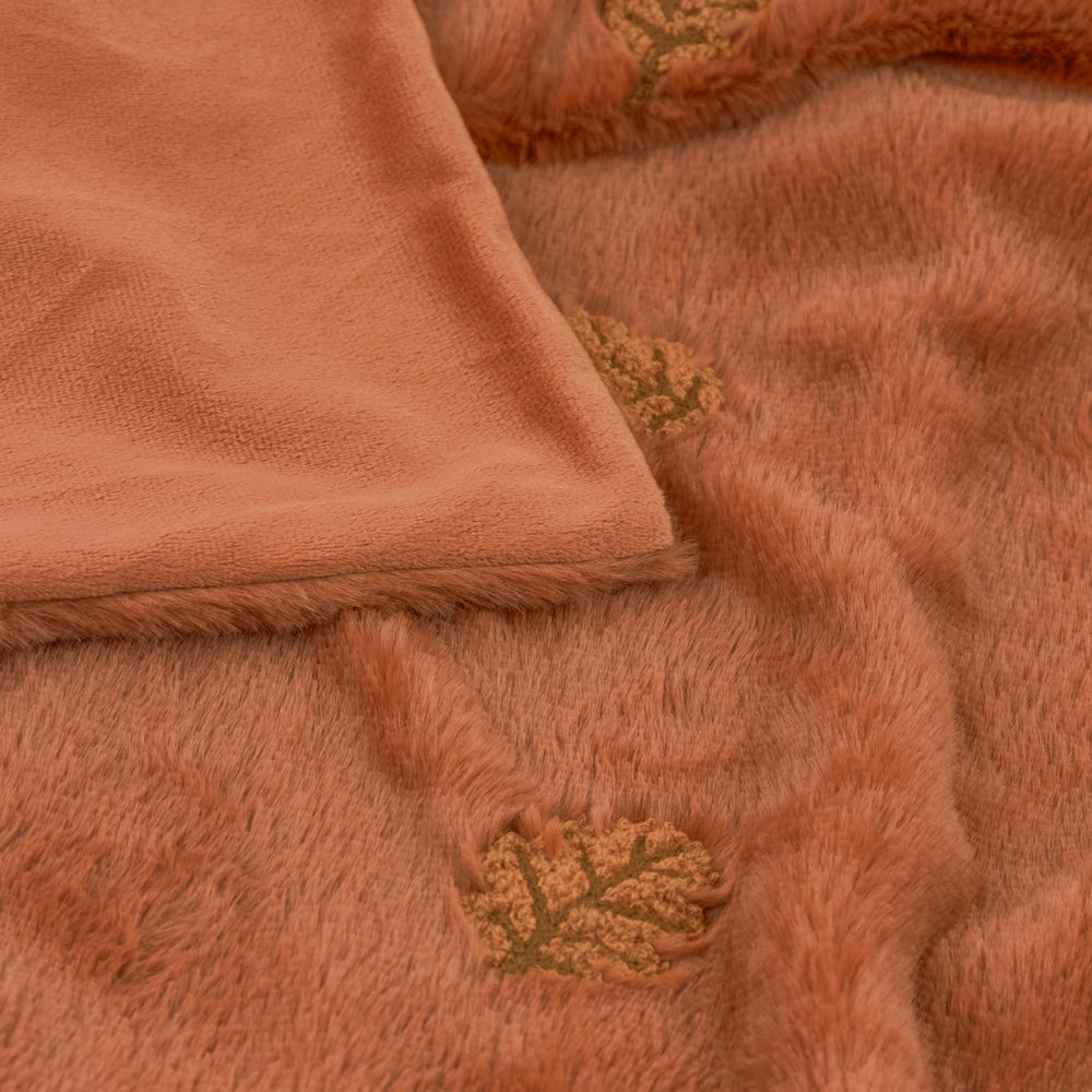 Autumn Trail Embroidered Faux Fur Throw Rust