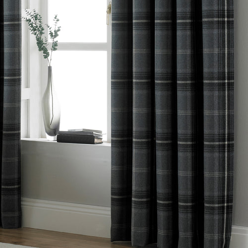 Check Grey Curtains - Aviemore Tartan Faux Wool Eyelet Curtains Grey Paoletti