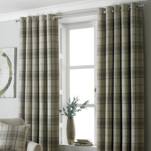 Check Beige Curtains - Aviemore Tartan Faux Wool Eyelet Curtains Natural Paoletti