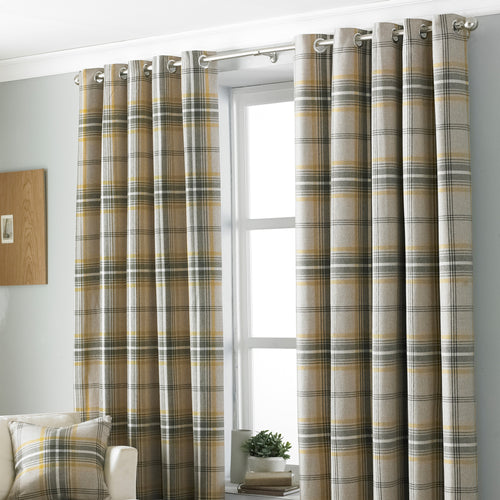 Check Yellow Curtains - Aviemore Tartan Faux Wool Eyelet Curtains Ochre Paoletti
