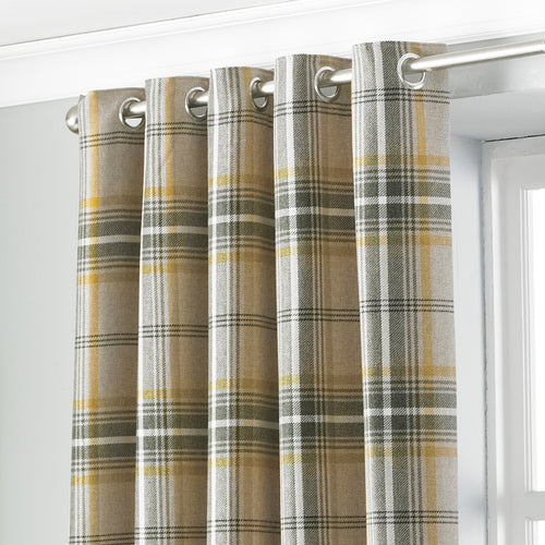 Check Yellow Curtains - Aviemore Tartan Faux Wool Eyelet Curtains Ochre Paoletti