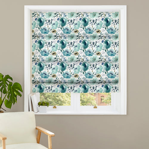 Floral Blue M2M - Peony + Delphinium Teal Floral Made to Measure Roman Blinds Evans Lichfield