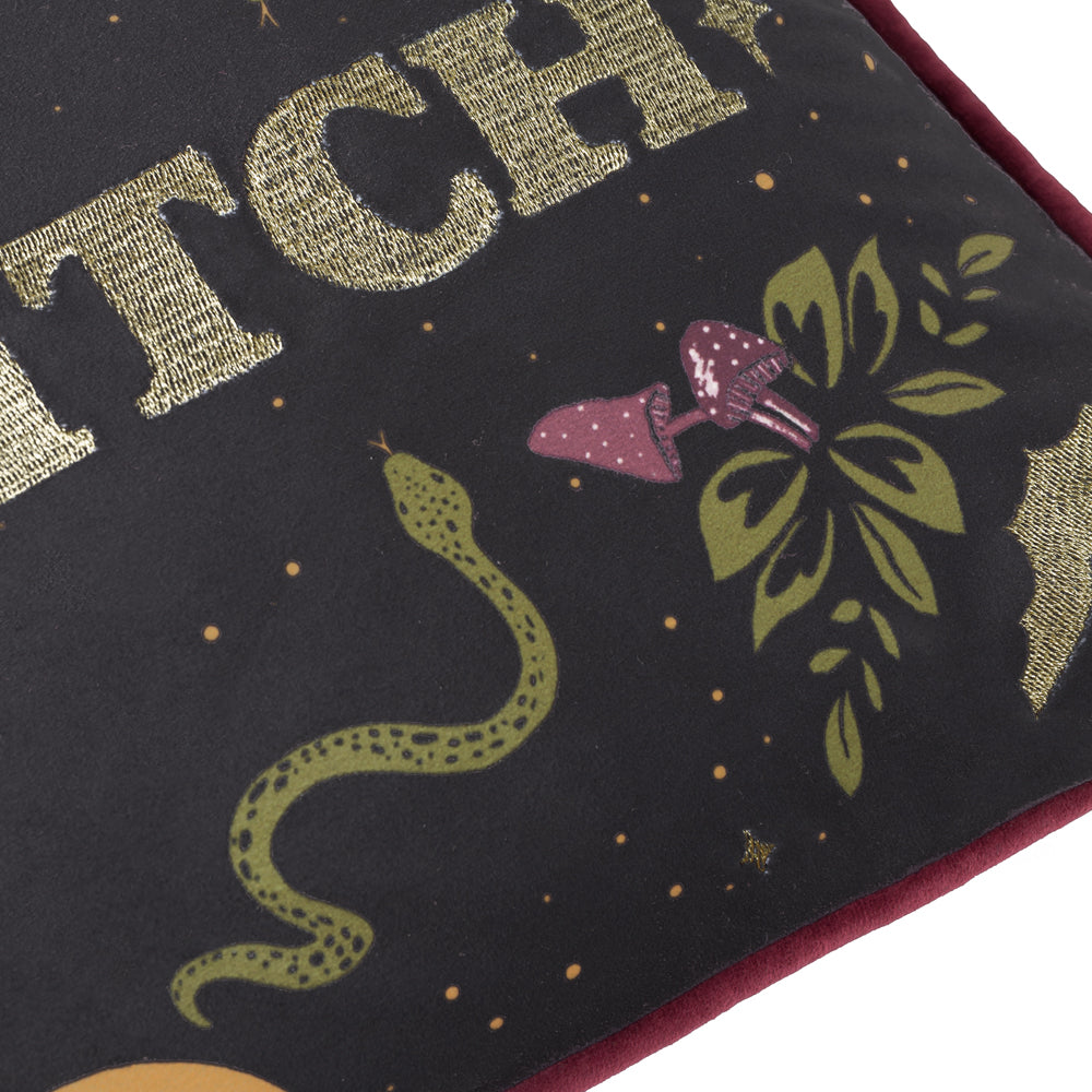 Bad Witch Embroidered Velvet Cushion Black Magic