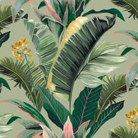 Floral Green M2M - Banana Leaves Sage Fabric Sample Evans Lichfield
