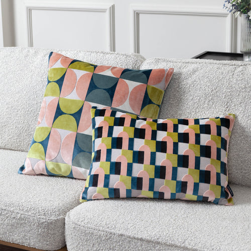 Geometric Pink Cushions - Bardot Cut Velvet Cushion Cover Pink/Avo Green Paoletti