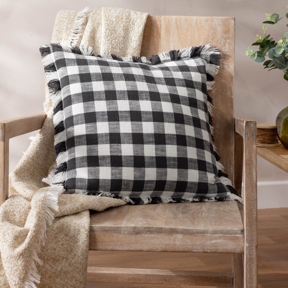 Barton Black Check Fringed Feather Rich Filled Cushion | Black