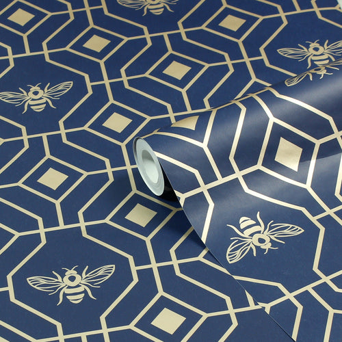 Geometric Blue Wallpaper - Bee Deco Gold Foil Wallpaper Navy furn.