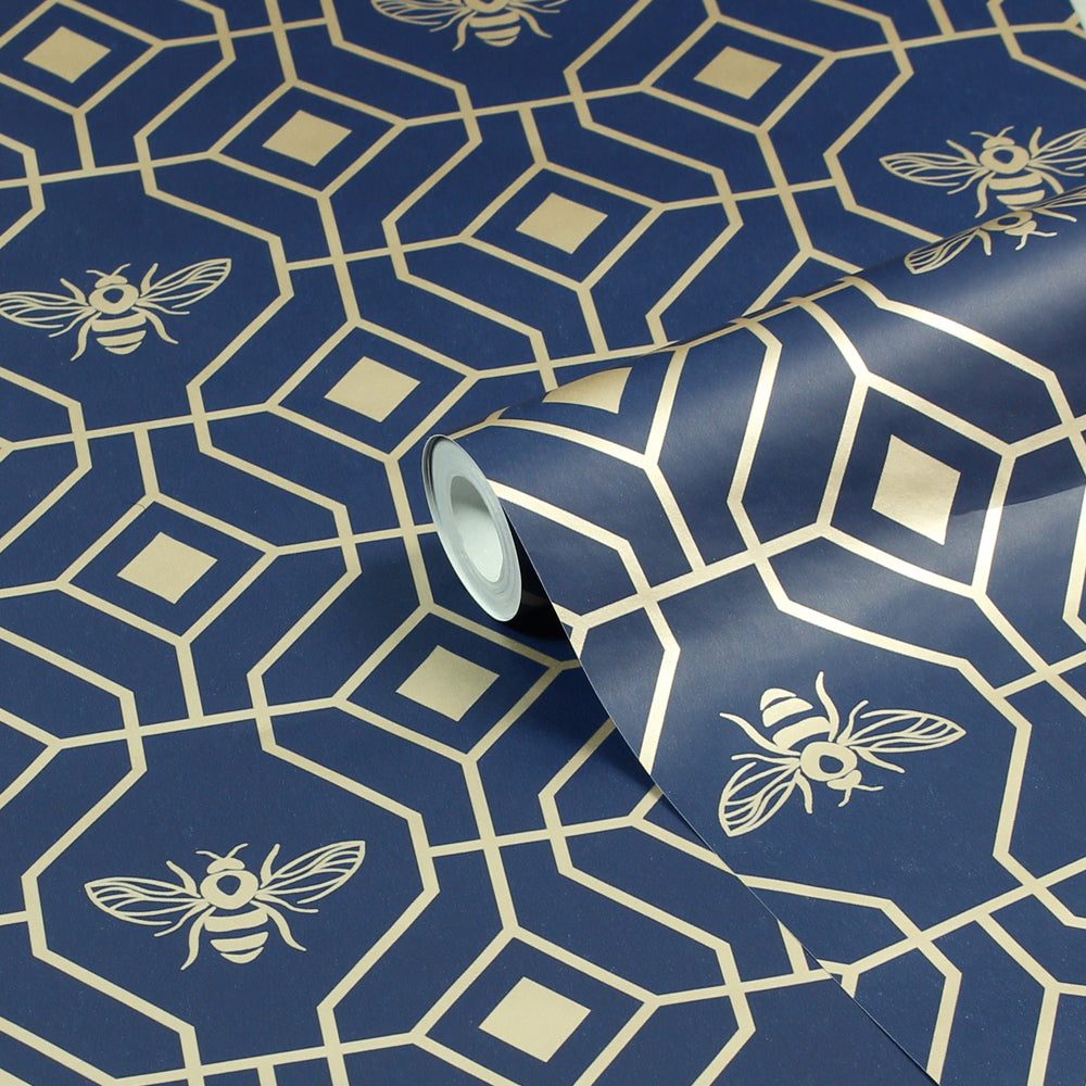 Bee Deco Gold Foil Wallpaper Navy