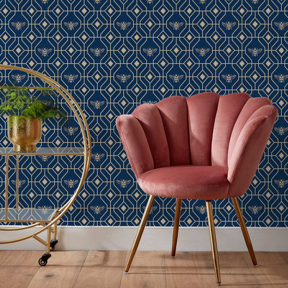 Bee Deco Gold Foil Wallpaper Sample Navy