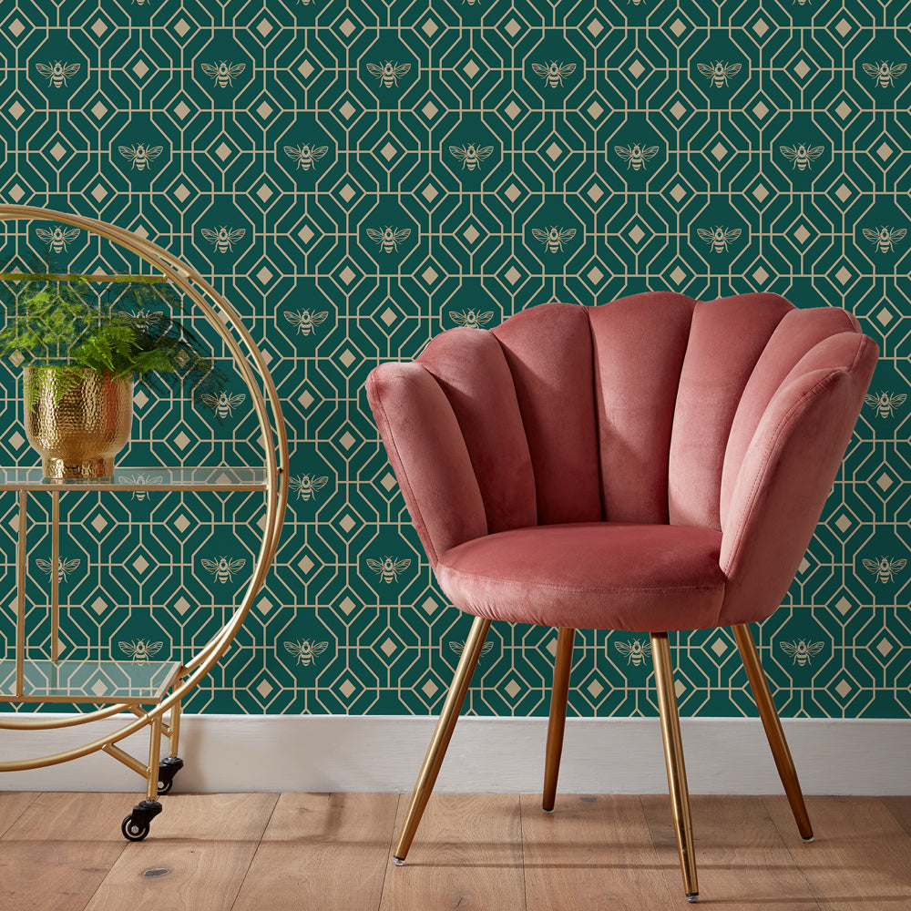 Bee Deco Gold Foil Wallpaper Sample Emerald