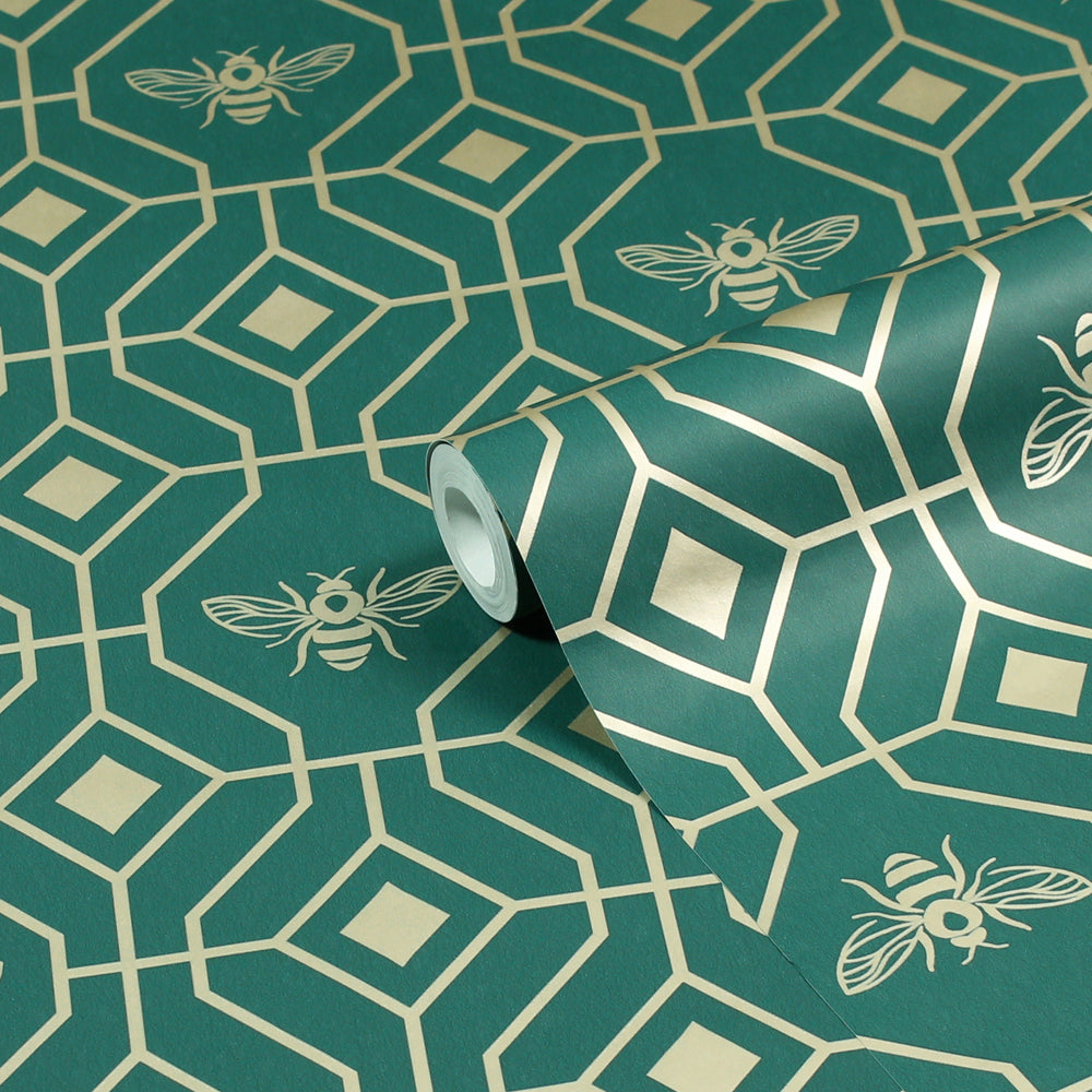 Bee Deco Gold Foil Wallpaper Sample Emerald