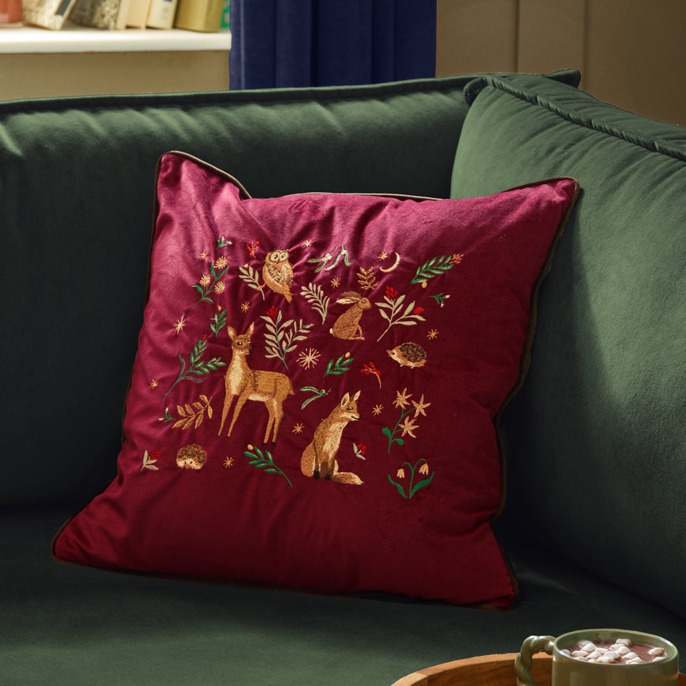 Woodland Red Cushions - Berry Woods Velvet Cushions Burgundy Furn