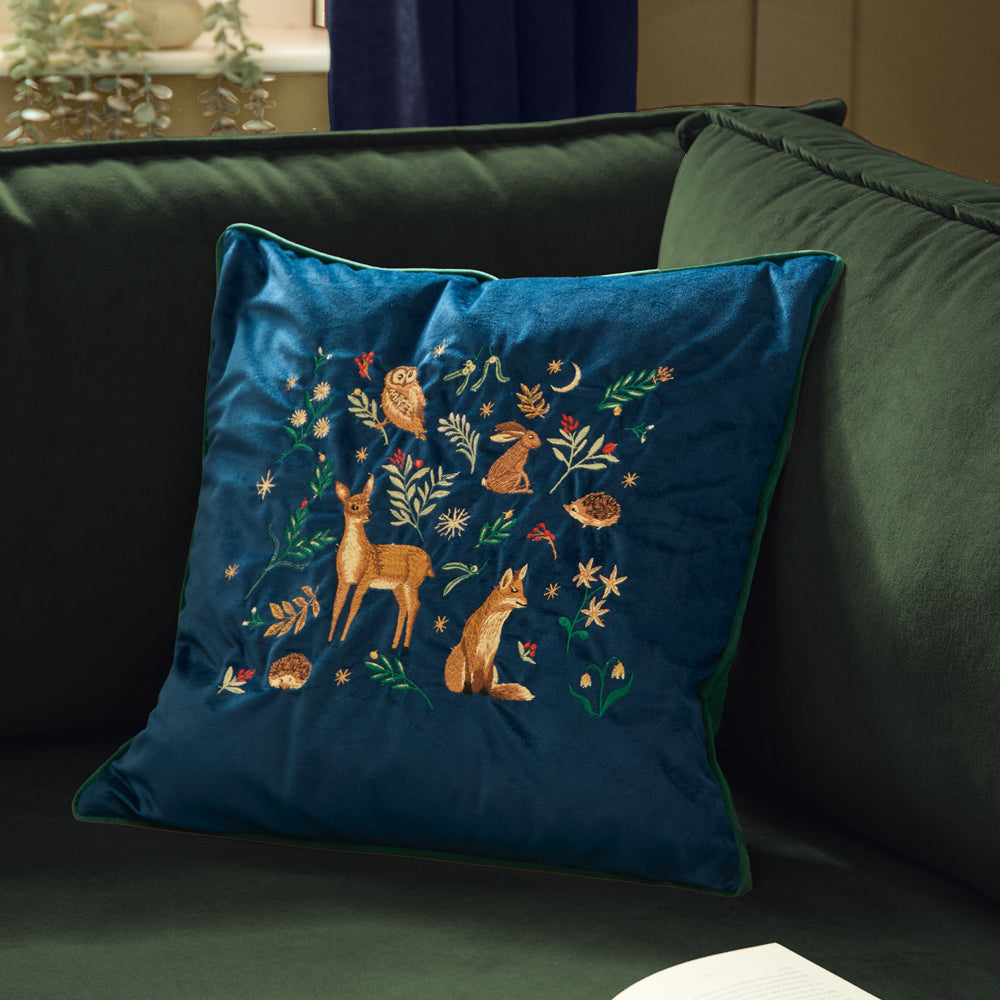 Woodland Blue Cushions - Berry Woods Velvet Cushions Navy Furn