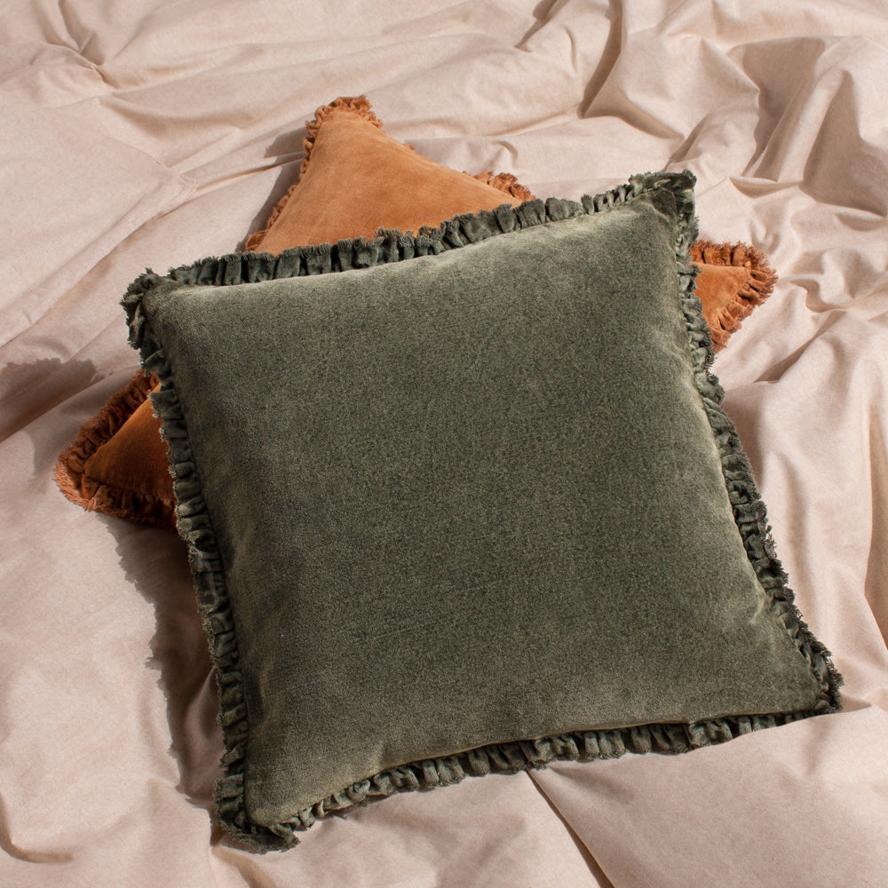 Plain Green Cushions - Bertie Washed Cotton Velvet Cushion Cover Moss Yard
