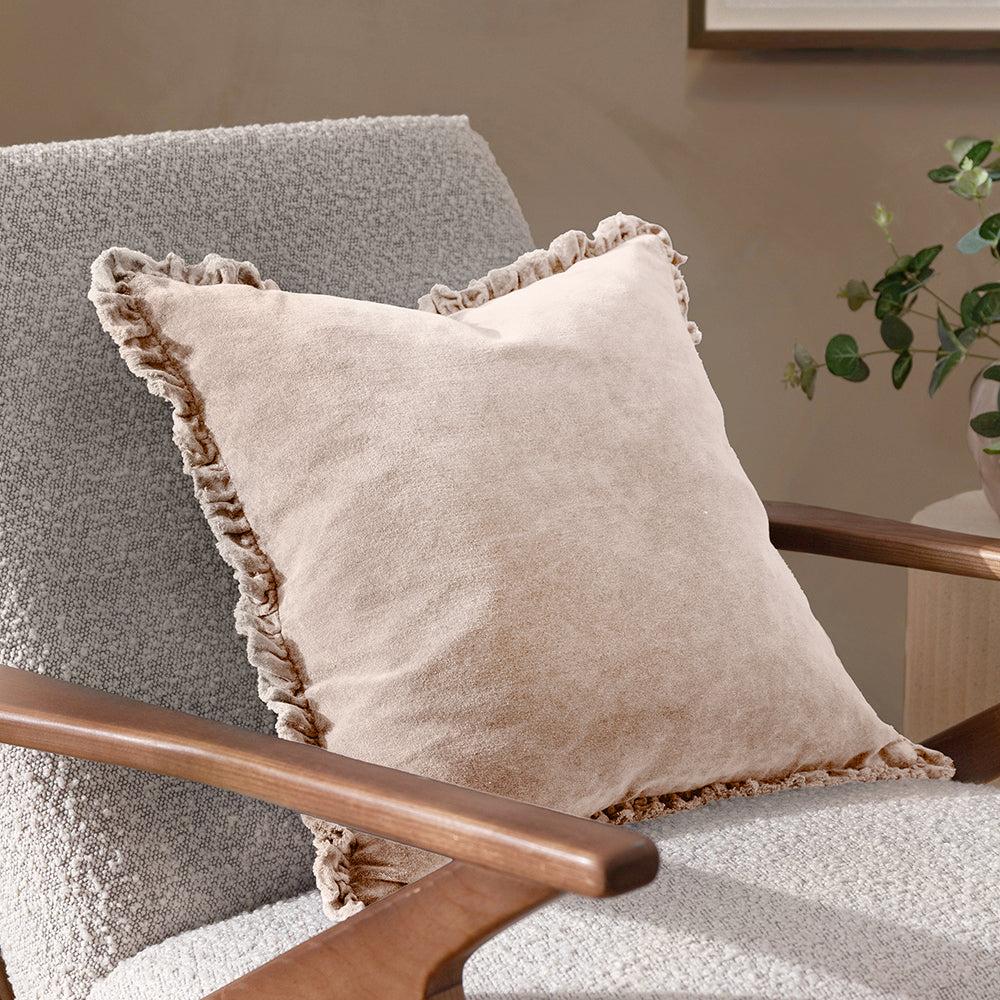 Plain Beige Cushions - Bertie Washed Cotton Velvet Polyester Filled Cushion Natural Yard