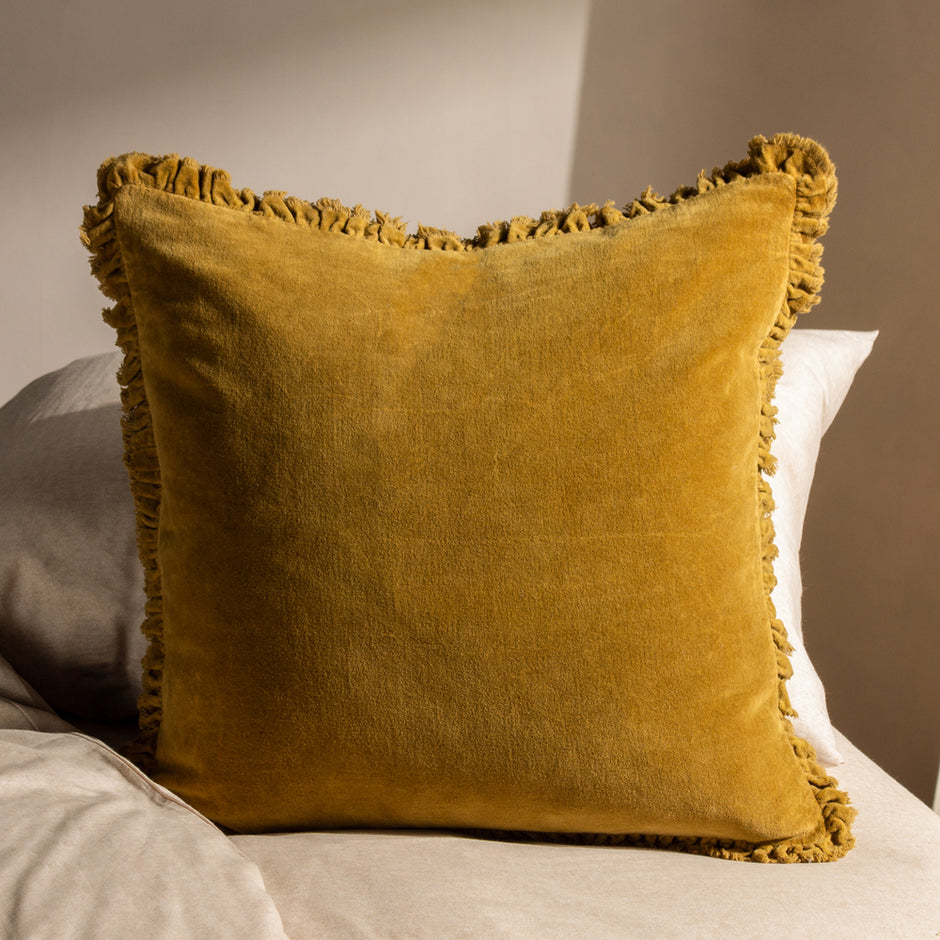 Bertie Yellow Washed Cotton Velvet Cushion Cover Saffron Cushions