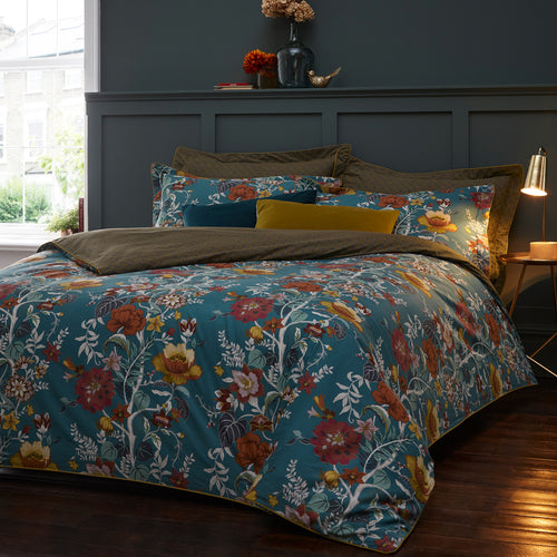 Floral Blue Bedding - Bloom  Floral 100% Cotton Duvet Cover Set Teal Paoletti