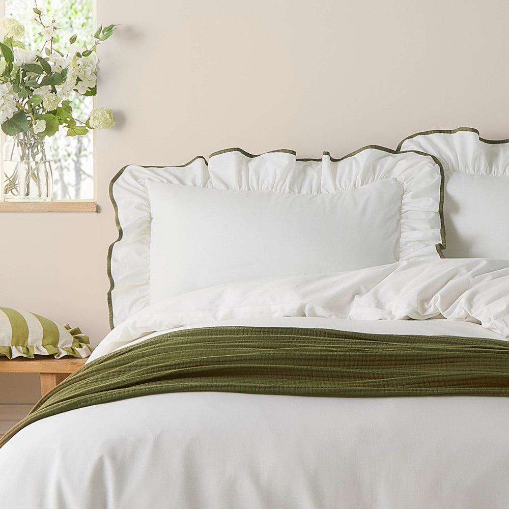 Blousey Ruffled Cotton Pillowcase Pair Olive
