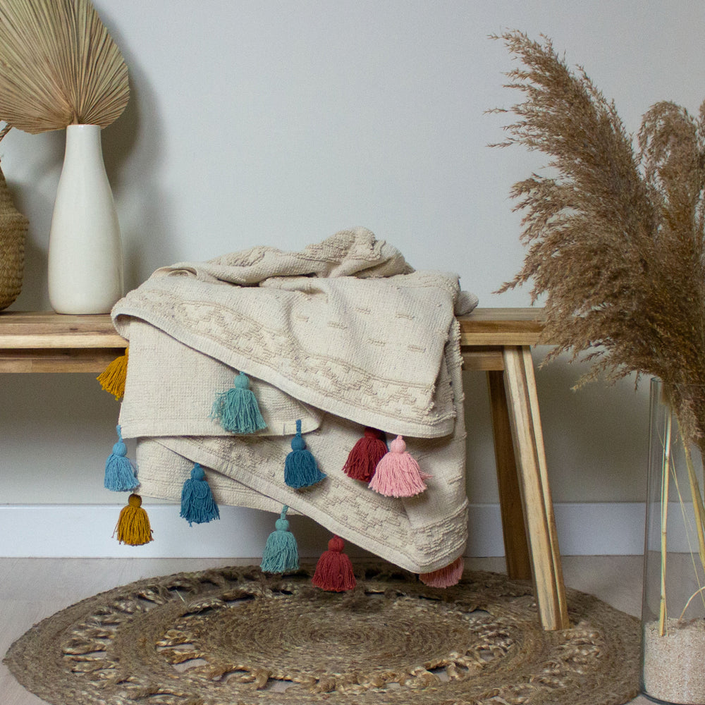 Geometric Cream Throws - Boho Cotton Tufted Throw Multicolour furn.