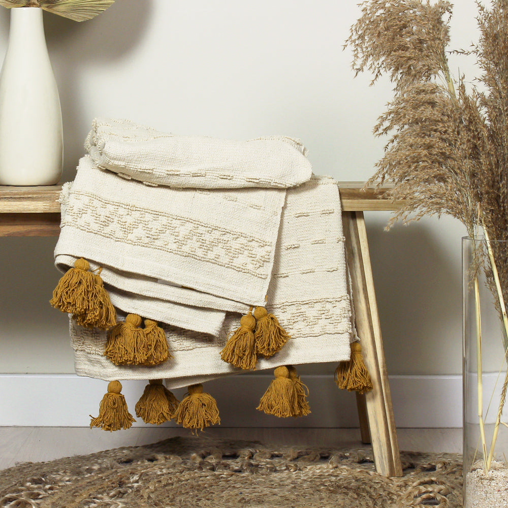 Geometric Beige Throws - Boho Cotton Tufted Throw Ochre furn.