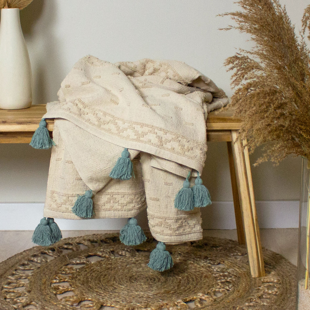 Geometric Beige Throws - Boho Cotton Tufted Throw Seafoam furn.