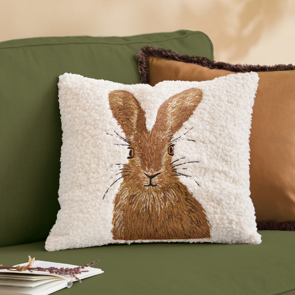 Animal Beige Cushions - Boucle Hare Embroidered Cushion Cover Natural Evans Lichfield