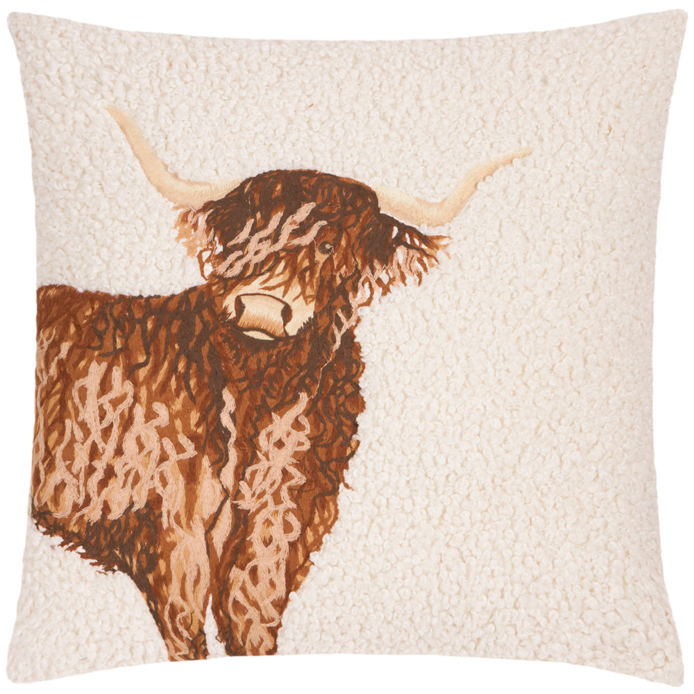Boucle Highland Cow Embroidered Cushion Natural