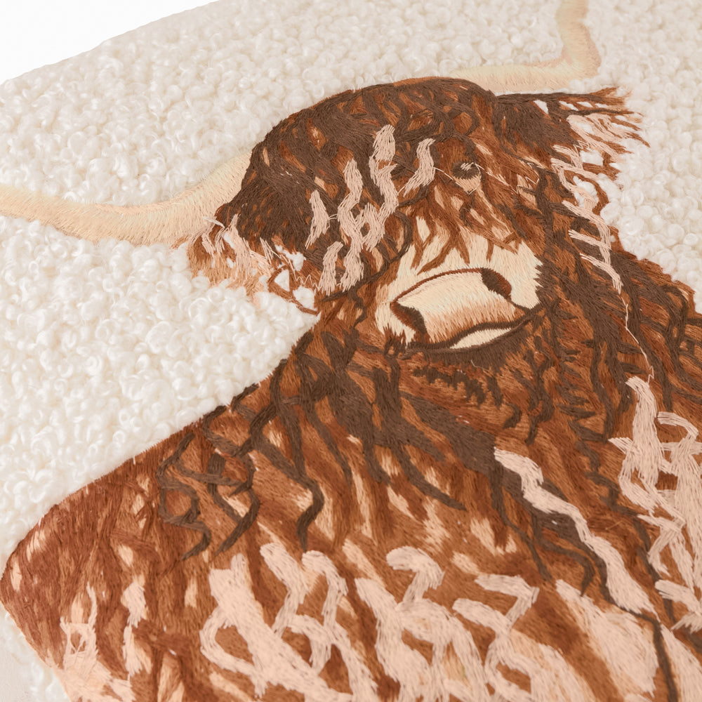 Boucle Highland Cow Embroidered Cushion Natural