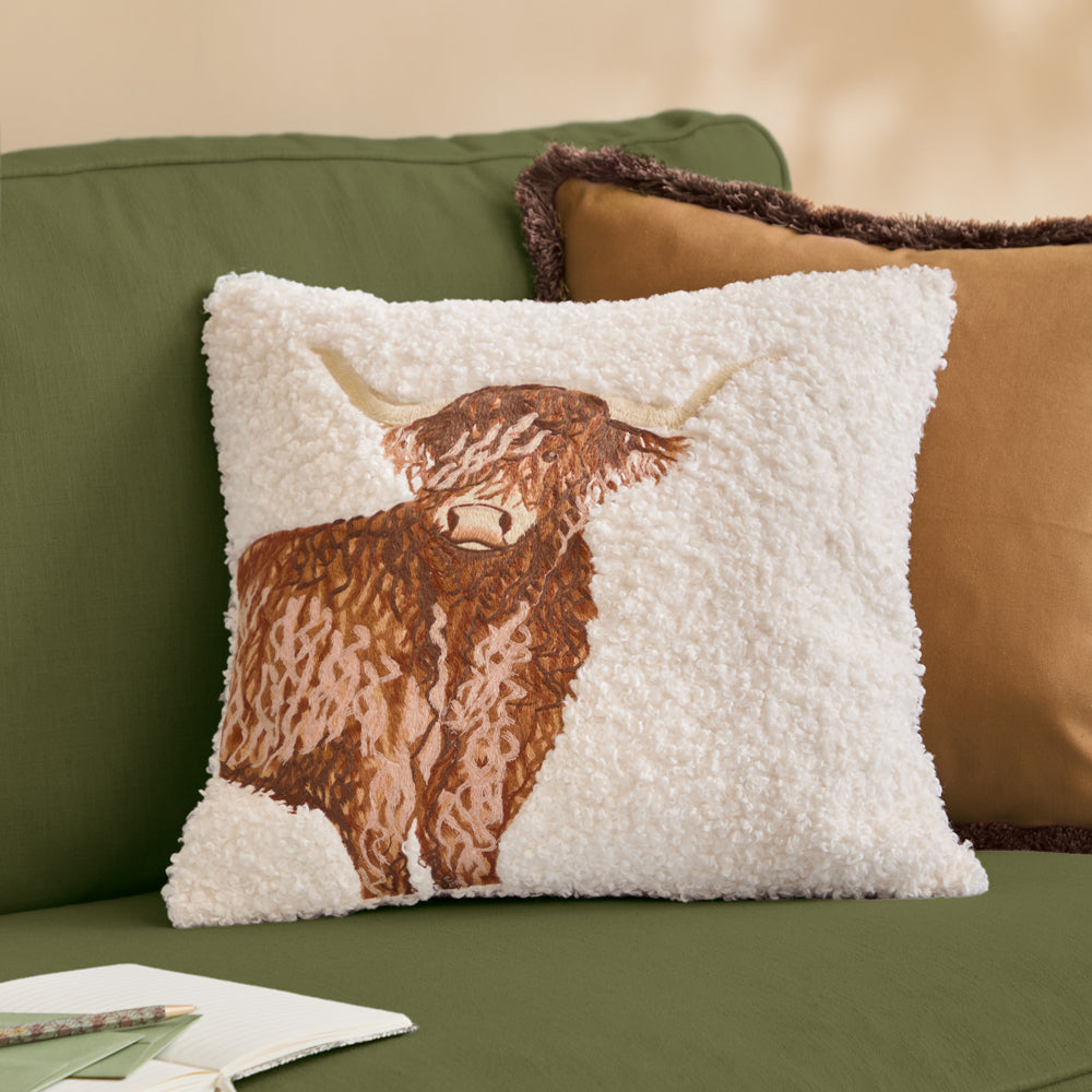 Animal Beige Cushions - Boucle Highland Cow Embroidered Cushion Cover Natural Evans Lichfield