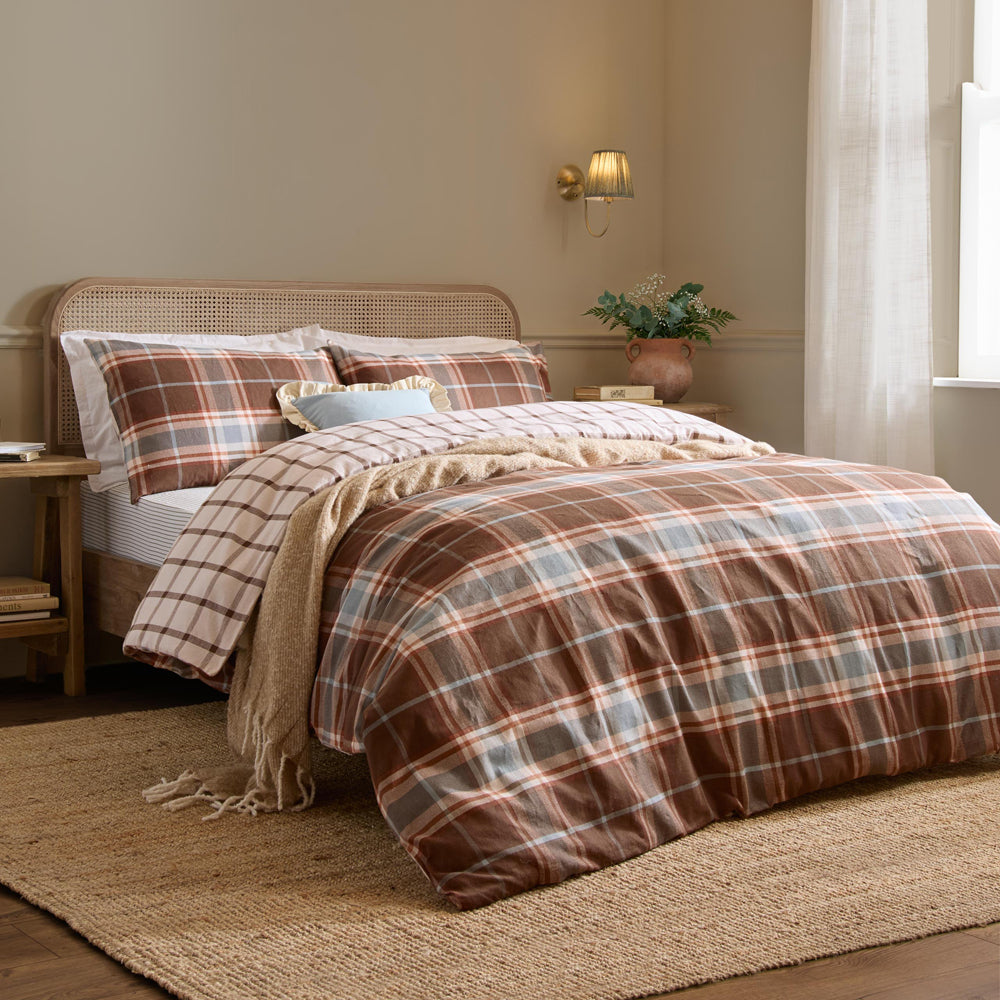Check Brown Bedding - Braemar Check Soft Brushed Cotton Duvet Cover Set Chocolate/Blue Wylder Nature