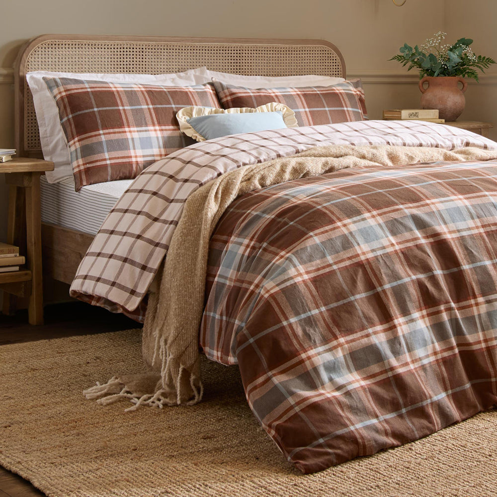 Braemar Check Soft Brushed Cotton Duvet Cover Set Chocolate/Blue
