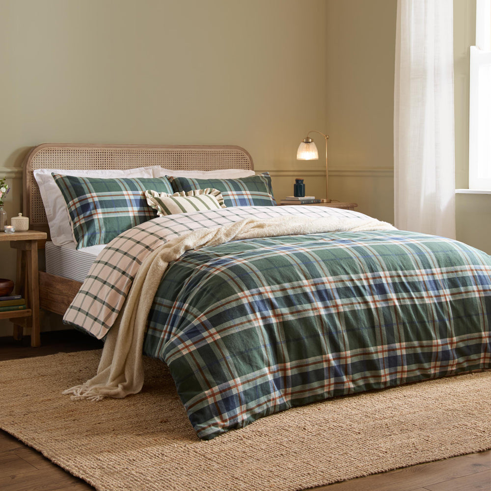 Check Green Bedding - Braemar Check Soft Brushed Cotton Duvet Cover Set Forest/Navy Wylder Nature