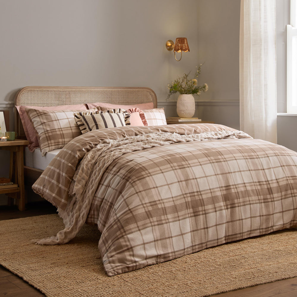 Check Beige Bedding - Braemar Check Soft Brushed Cotton Duvet Cover Set Natural Wylder Nature