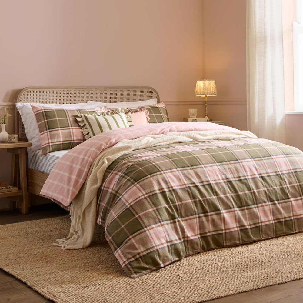 Check Pink Bedding - Braemar Check Soft Brushed Cotton Duvet Cover Set Pink & Green Wylder Nature