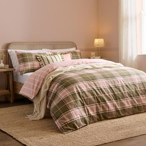 Check Pink Bedding - Braemar Check Soft Brushed Cotton Duvet Cover Set Pink & Green Wylder Nature