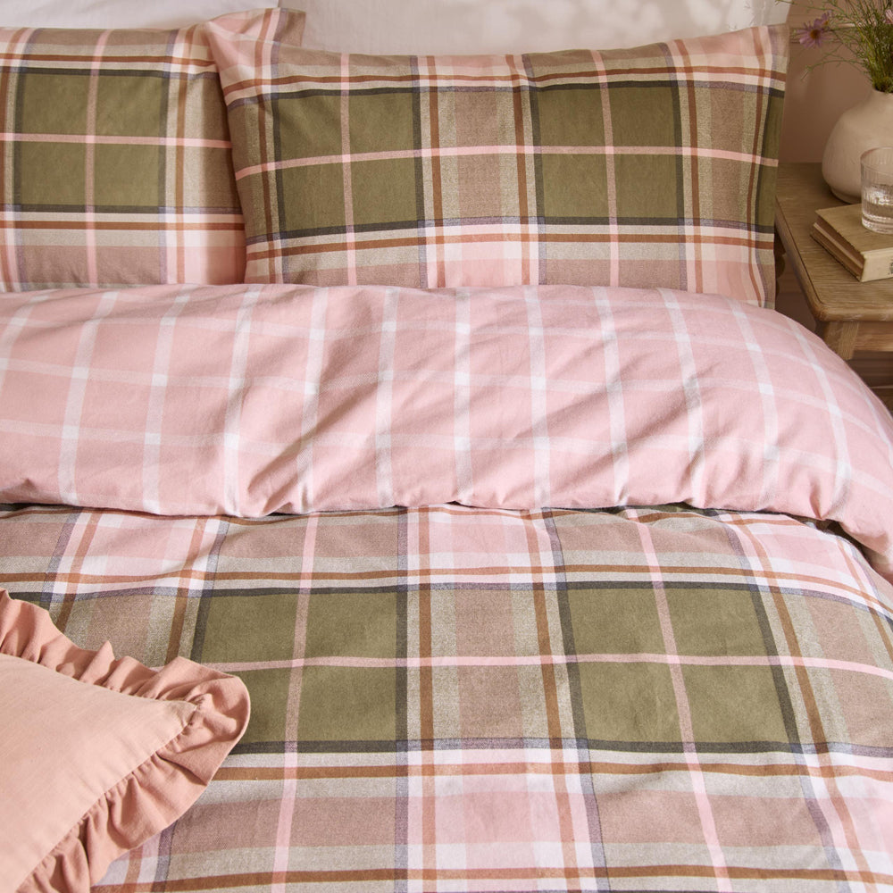 Braemar Check Soft Brushed Cotton Duvet Cover Set Pink & Green