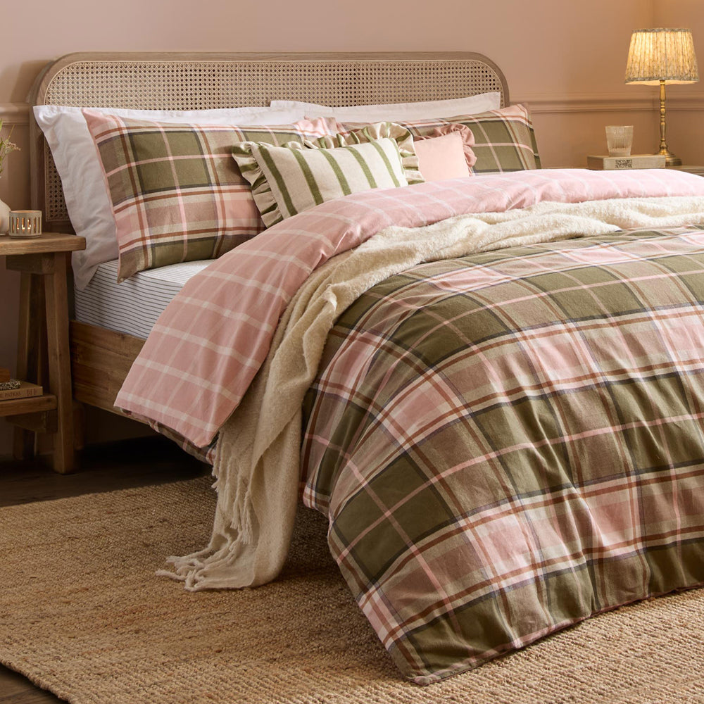 Braemar Check Soft Brushed Cotton Duvet Cover Set Pink & Green