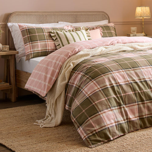Braemar Check Soft Brushed Cotton Duvet Cover Set Pink & Green