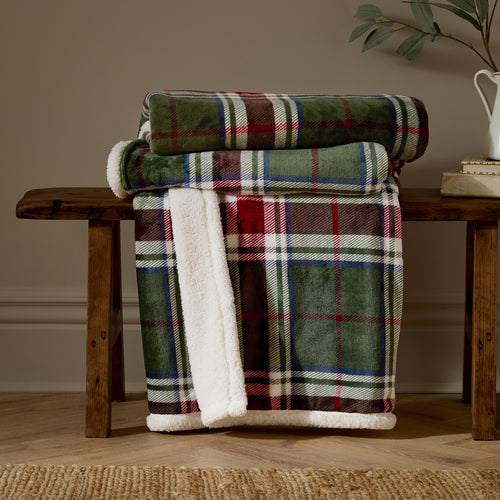 Check Green Throws  - Braemar Check Sherpa Fleece Throw Berry/Pine Wylder