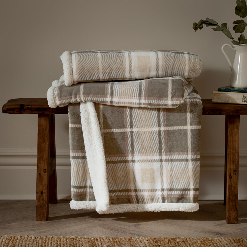 Check Green Throws  - Braemar Check Sherpa Fleece Throw Green/Natural Wylder