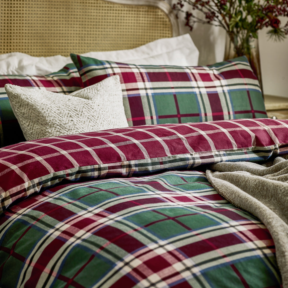 Braemar Check Soft Brushed Cotton Duvet Cover Set Berry/Pine