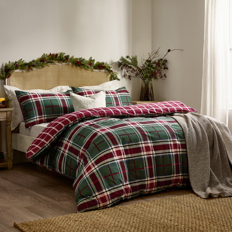 Check Red Bedding  - Braemar Check Soft Brushed Cotton Duvet Cover Set Berry/Pine Wylder