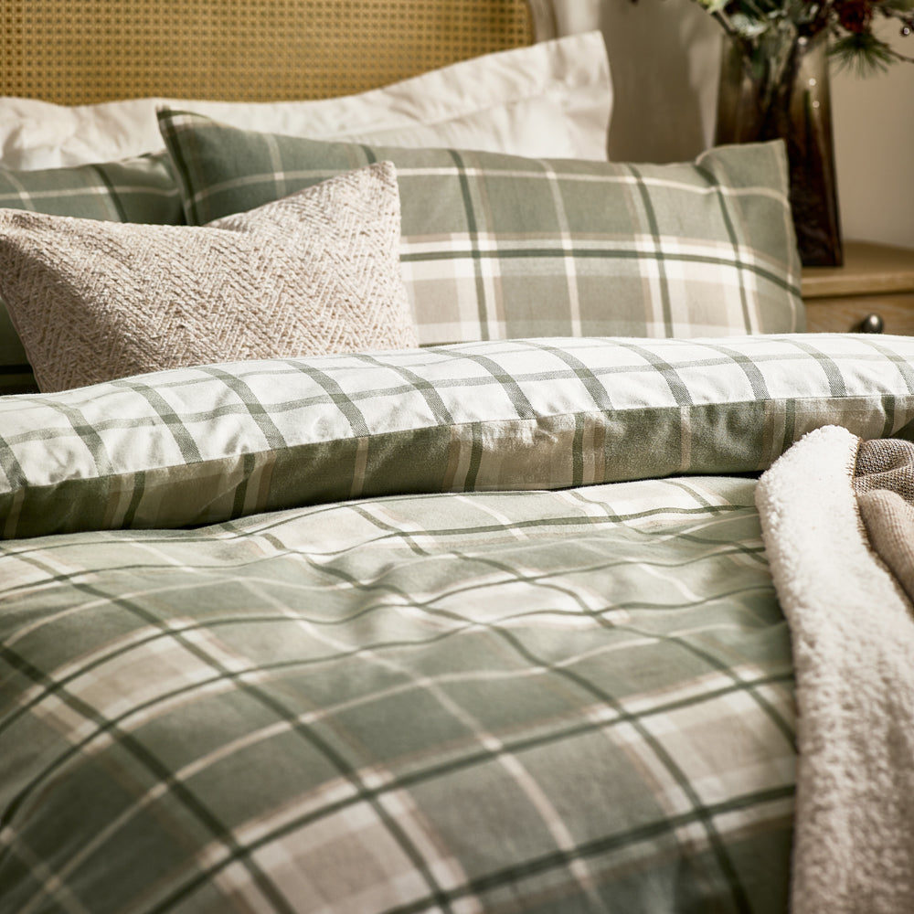 Braemar Check Soft Brushed Cotton Duvet Cover Set Green/Natural