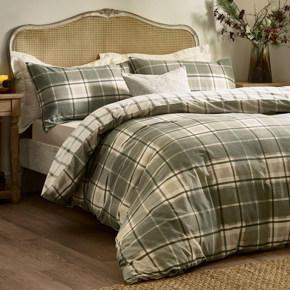 Braemar Check Soft Brushed Cotton Duvet Cover Set Green/Natural