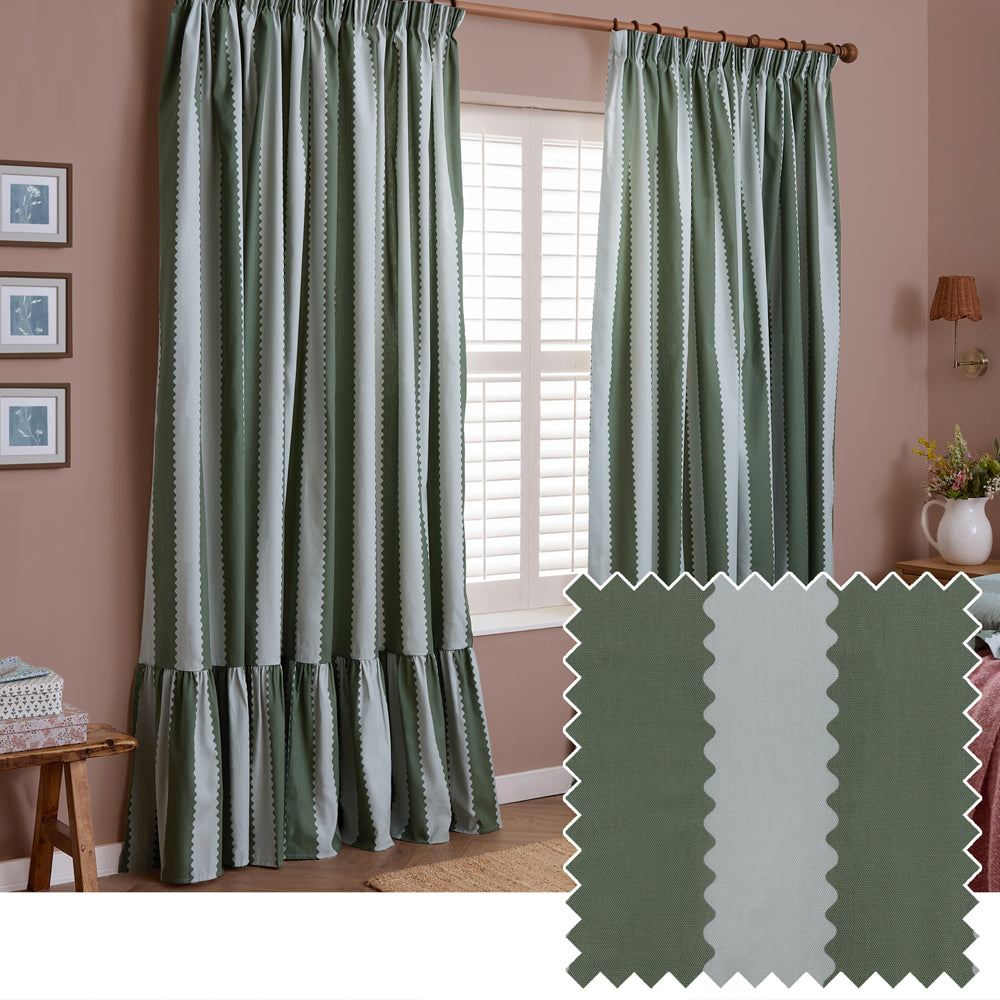 Birdie Stripe Fully Lined Ruffle Pencil Pleat Curtains Bay Green/Mist