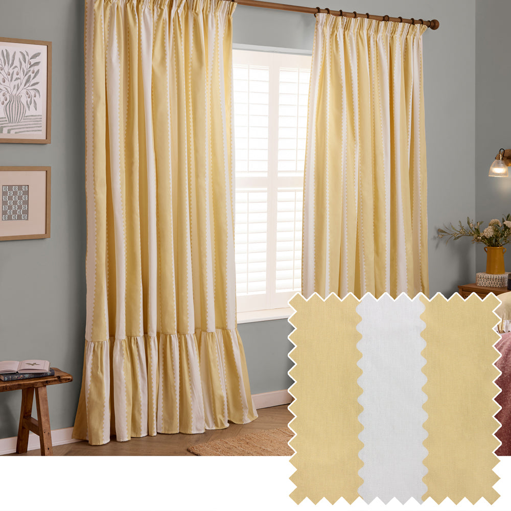 Birdie Stripe Fully Lined Ruffle Pencil Pleat Curtains Butter Yellow