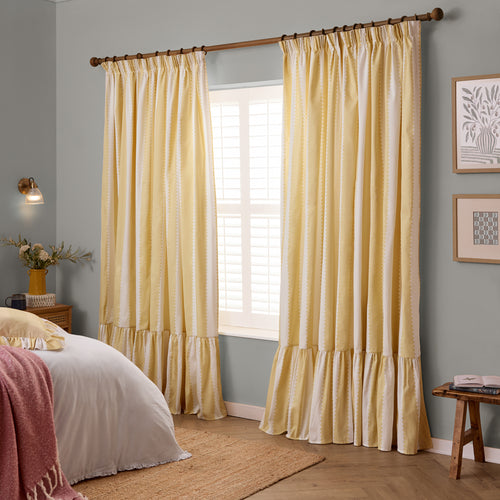 Birdie Stripe Fully Lined Ruffle Pencil Pleat Curtains Butter Yellow