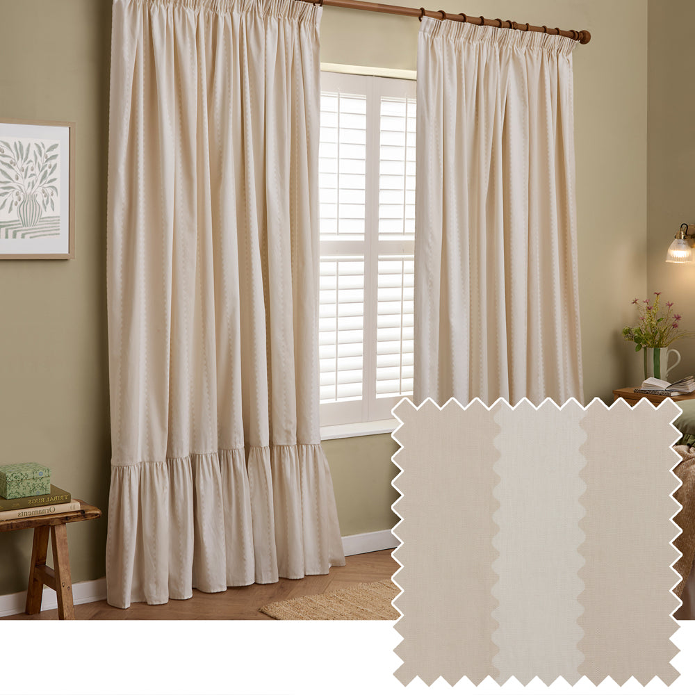 Birdie Stripe Fully Lined Ruffle Pencil Pleat Curtains Oat/Milk